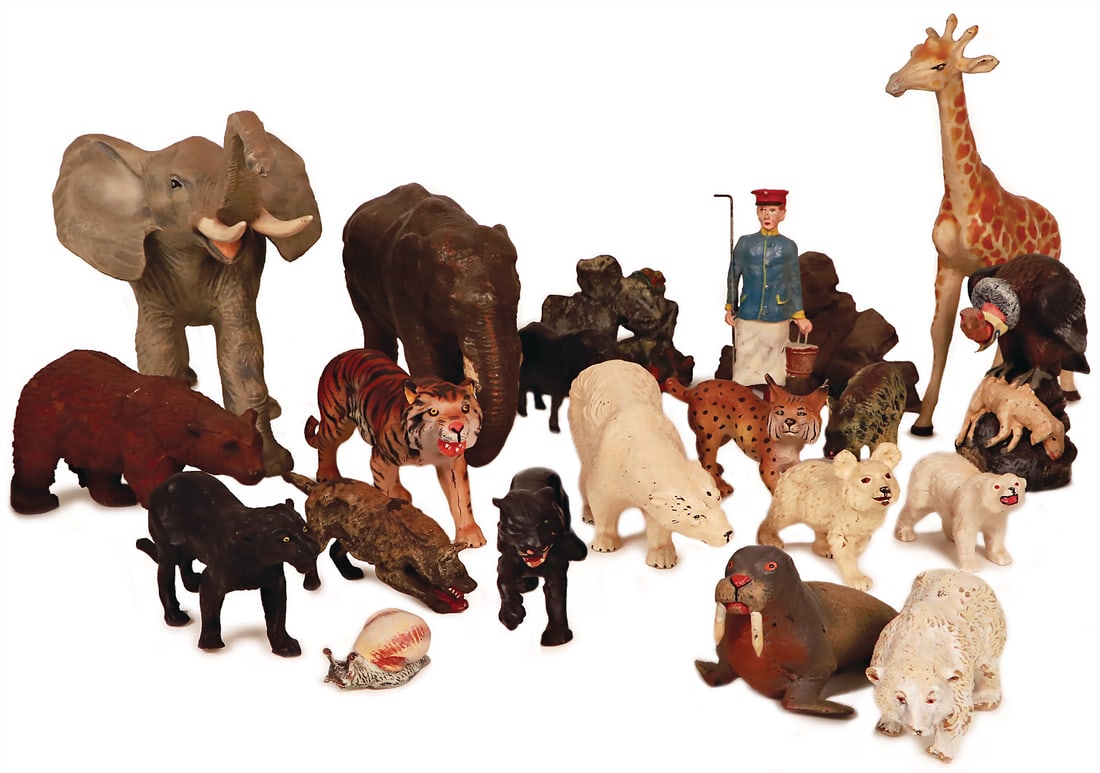 ELASTOLIN mixed lot of wild animals, charging elephant, tiger, lynx, bears, panther, sea lion, (1 of 1)