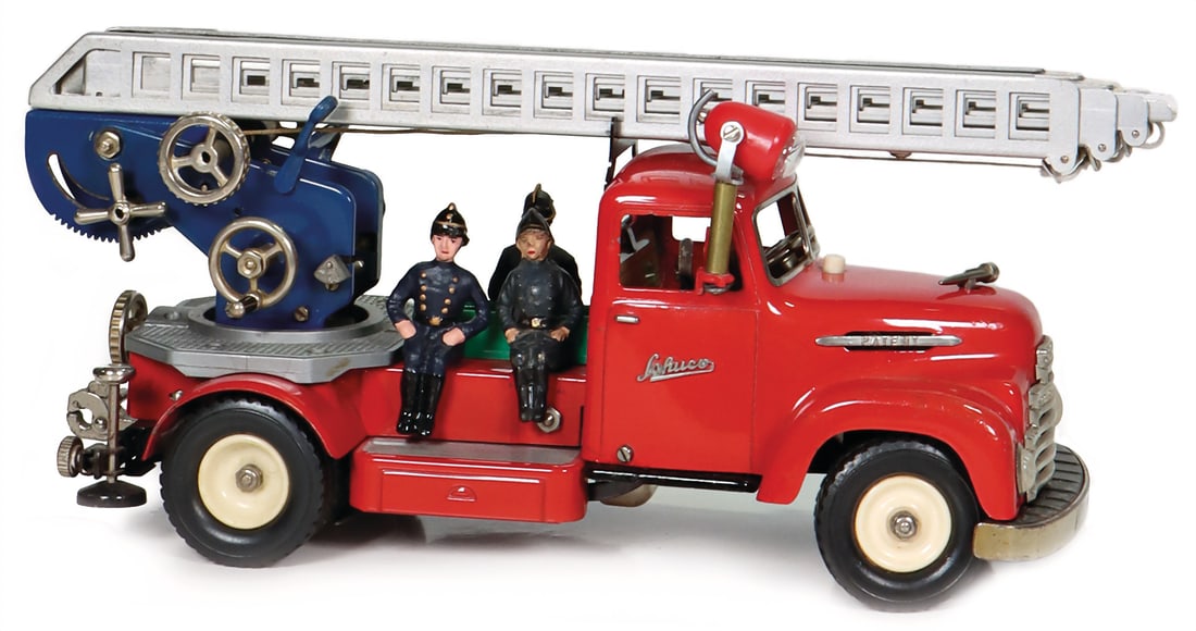 SCHUCO fire department, 6080, with turntable ladder, horn and searchlight, horn intact, technical (1 of 3)