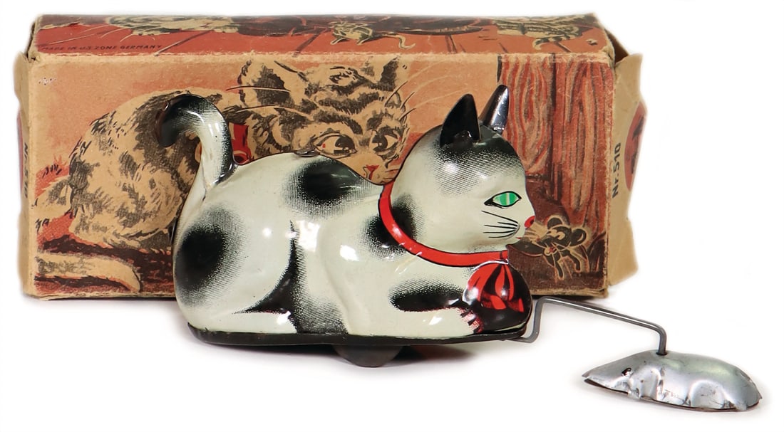 BLOEHMER & SCHUELER 510, Cat playing with a mouse, tin, lithographed, friction drive, 14 cm, in (1 of 1)
