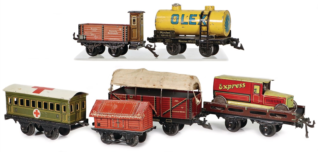 BING mixed lot, 6 items, track 0, various, freight wagons, tin, covered wagon, tank wagon and (1 of 1)