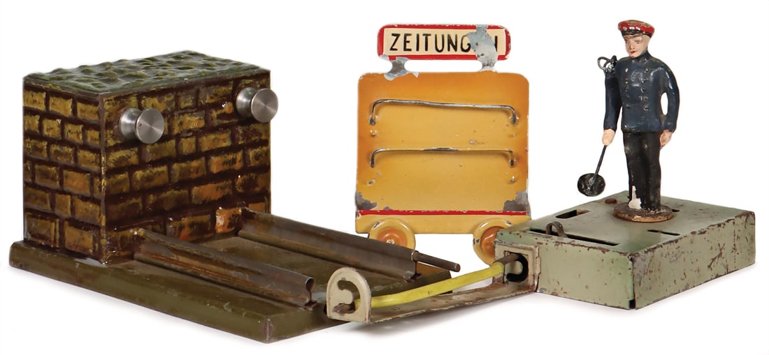 MÄRKLIN 3 items, newspaper wagon, used condition, buffer stop, railroad figure with sign, tin, (1 of 1)