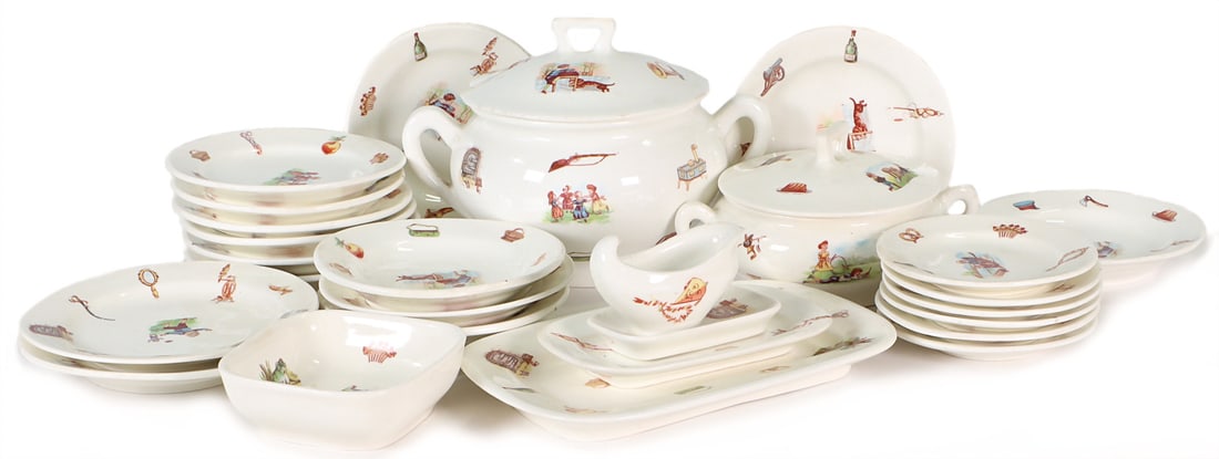 Children's dinner service, ceramic, soup tureen, lidded bowl, gravy boat, platters, bowl, 12 plates, (1 of 1)