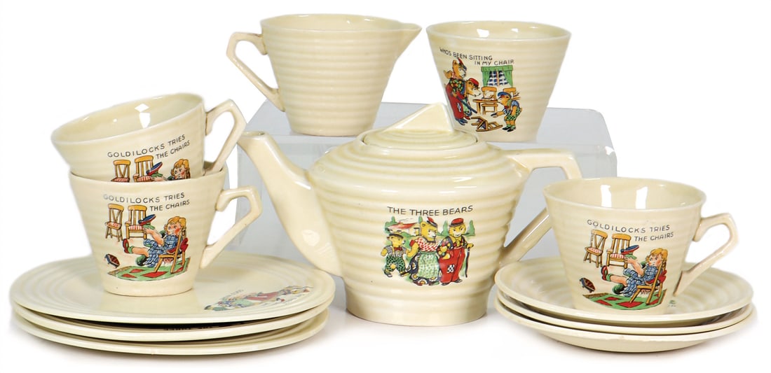 Children's coffee service, The three bears, England, 3 cups, 3 saucers, 3 plates, milk jug, unusual (1 of 1)