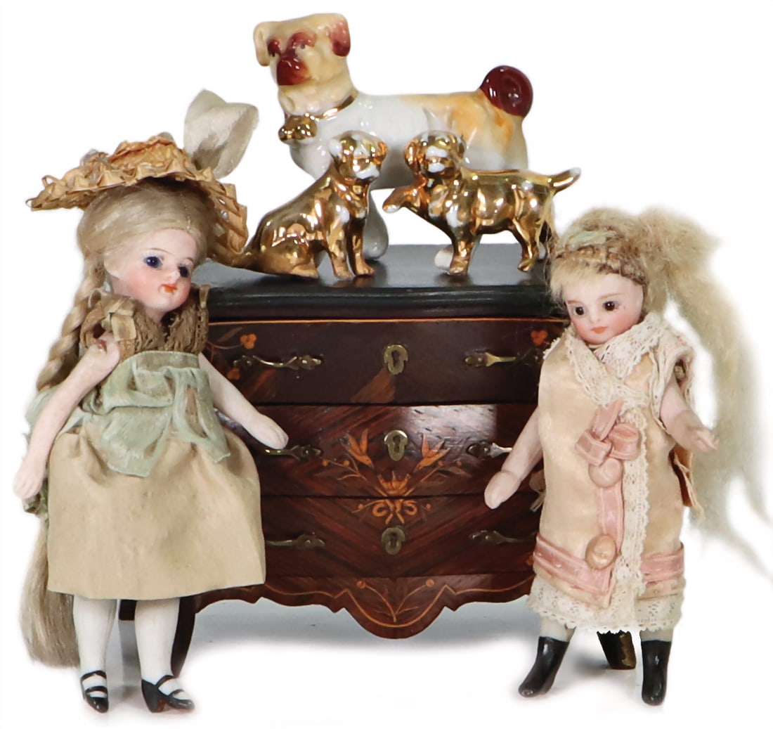 2 pieces, doll's house dolls, all-porcelain, 10 and 10.5 cm, crank head, glass eyes, movable arms (1 of 1)