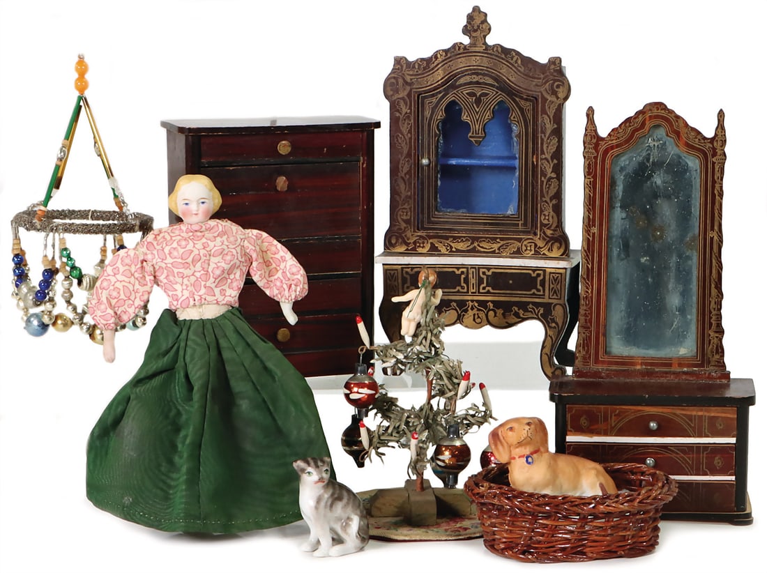 Doll's house furniture, cupboard a. mirror with Boulle ornaments, 16 a. 17 cm, small Biedermeier (1 of 1)