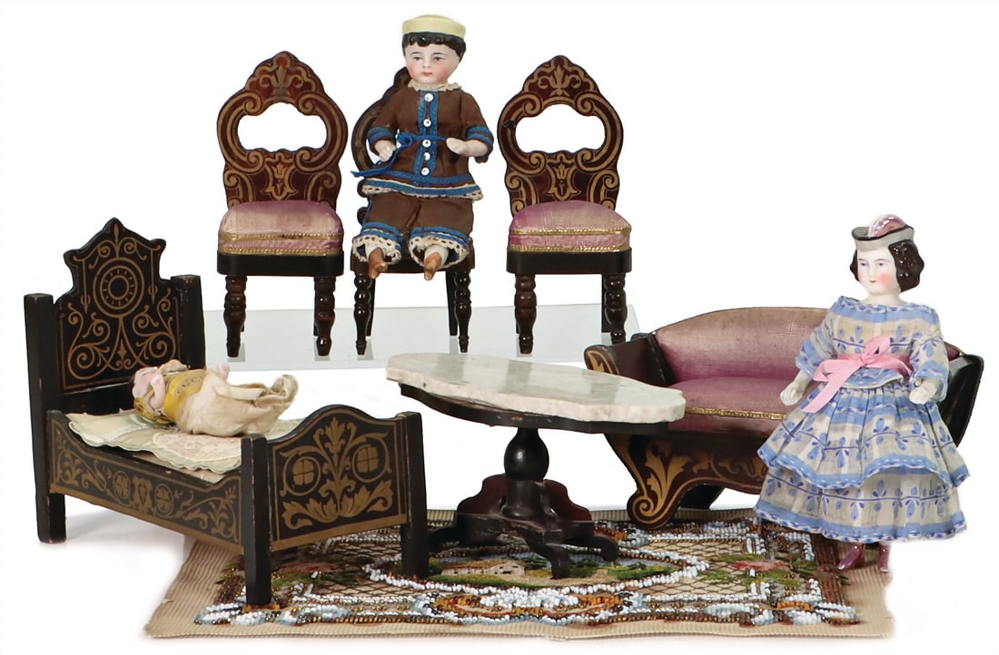 Doll's house furniture with Boulle ornaments, settee, sofa, w: 12 cm, 3 chairs, table, carpet, (1 of 1)