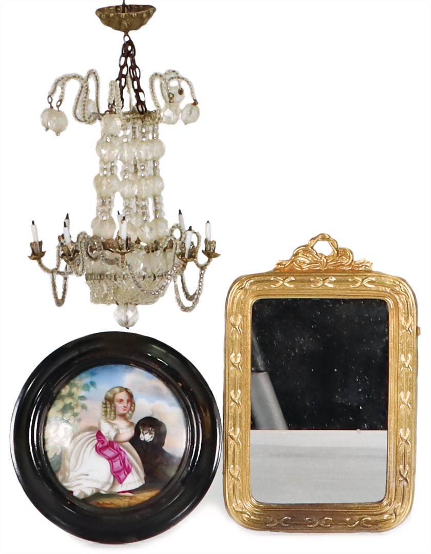 Doll's house ceiling chandelier, filigree glass beadwork, 12.5 cm, porcelain picture, 1 mirror, (1 of 1)