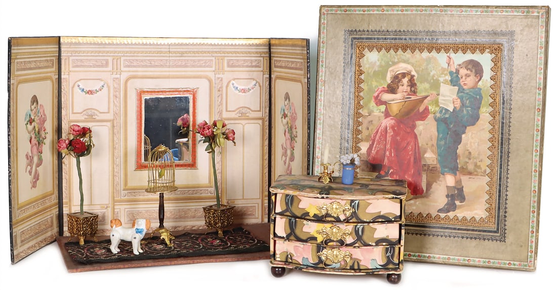 doll's house, 1 room, w: 30 cm, d: 15 cm, chest of drawers with 3 drawers, table with accessories, (1 of 1)