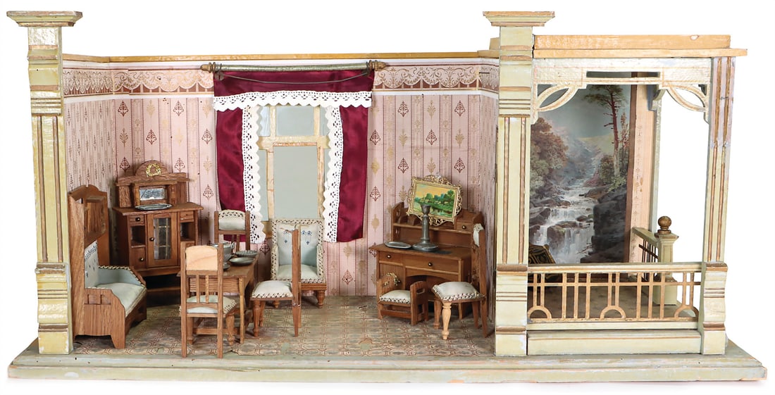 MORITZ GOTTSCHALK dollhouse with conservatory, w: 71 cm, h: 34.5 cm, d: 28 cm, mural in the (1 of 2)
