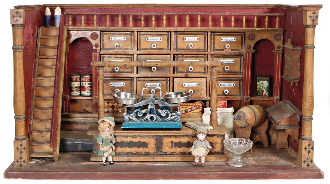 Early store, before 1900, w: 65 cm, h: 35 cm, drawers with porcelain signs, stairs to the top, with (1 of 1)