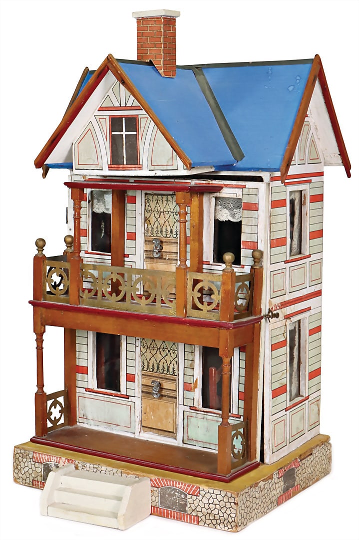 probably MORITZ GOTTSCHALK dollhouse, h: 53 cm, w: 30,5 cm, pasted with colorful lithographed paper, (1 of 3)