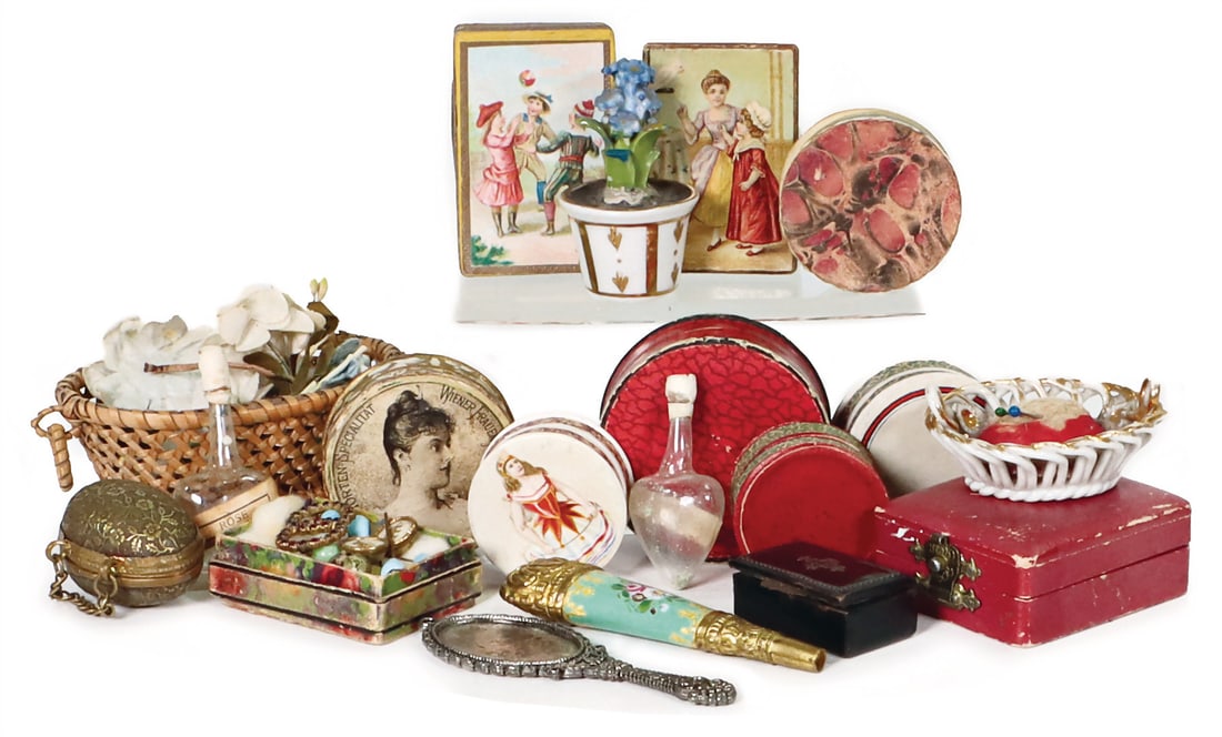 Doll's house decoration parts, for doll's house or fashion store, boxes, tins, basket, buttons, (1 of 1)