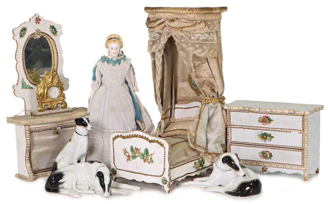 Doll's house furniture program, bedroom, four-poster bed, h: 24 cm, chest of drawers, mirror chest (1 of 1)
