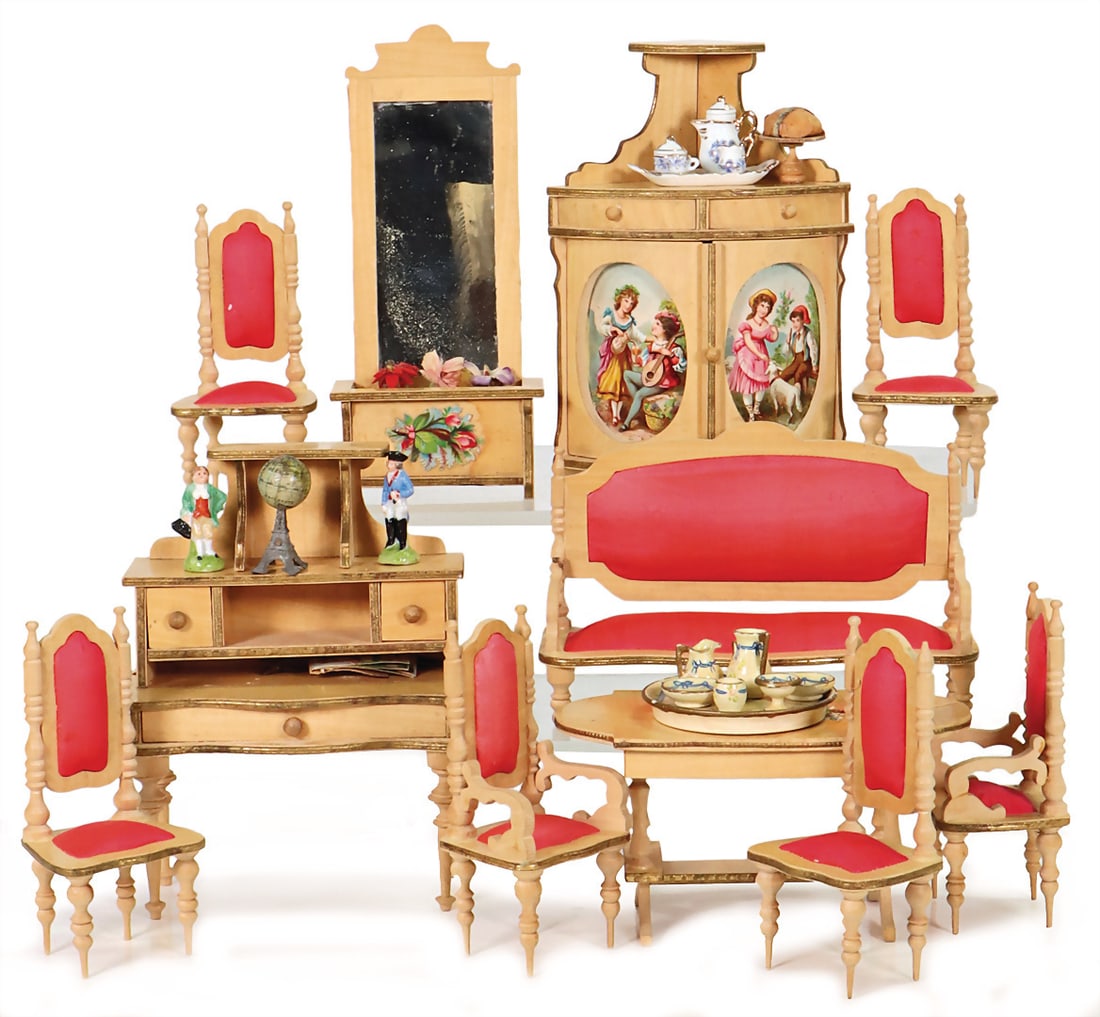 Doll's house furniture, corner cupboard with lithographed pictures, h: 15 cm, secretary, mirror, (1 of 1)