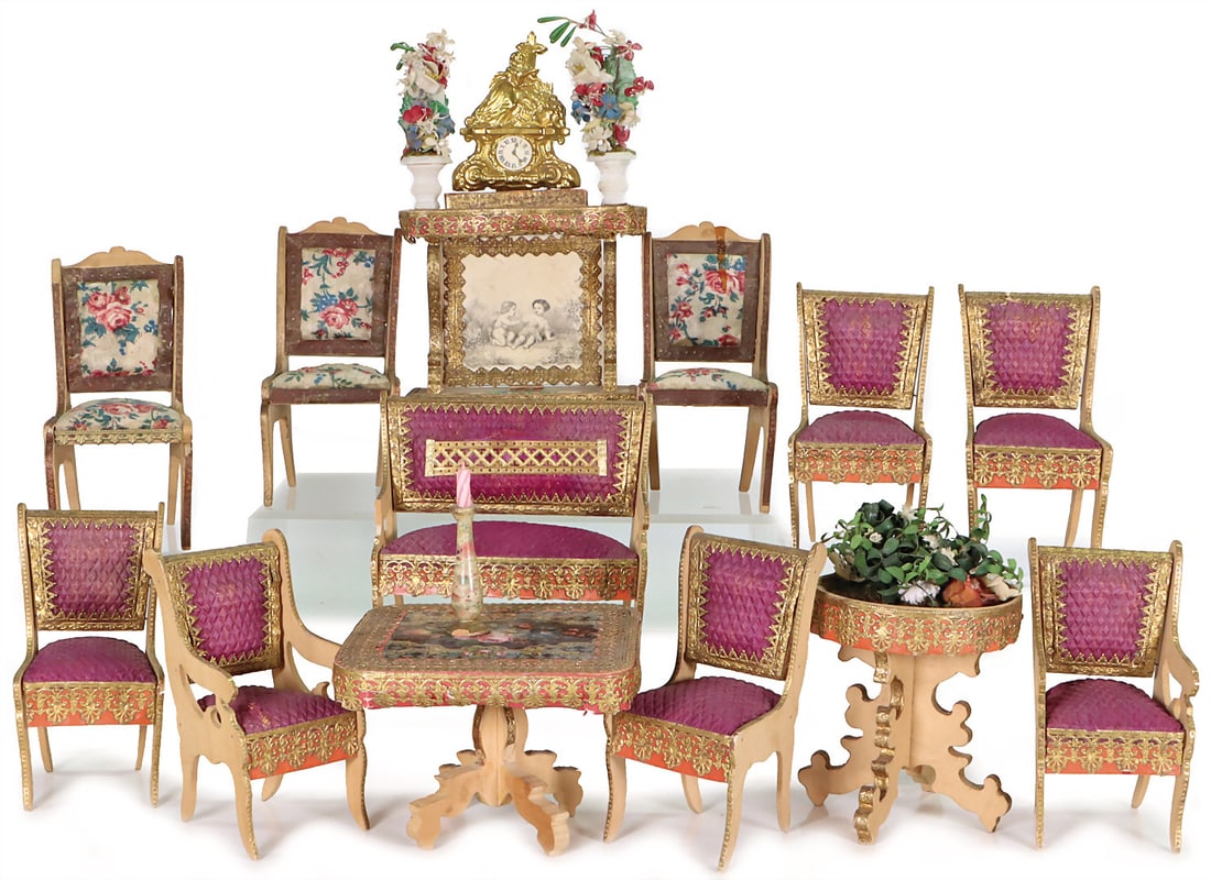 Doll's house furniture, France, settee, sofa, 12.5 cm, w: 14 cm, chairs with 2 different covers, (1 of 1)