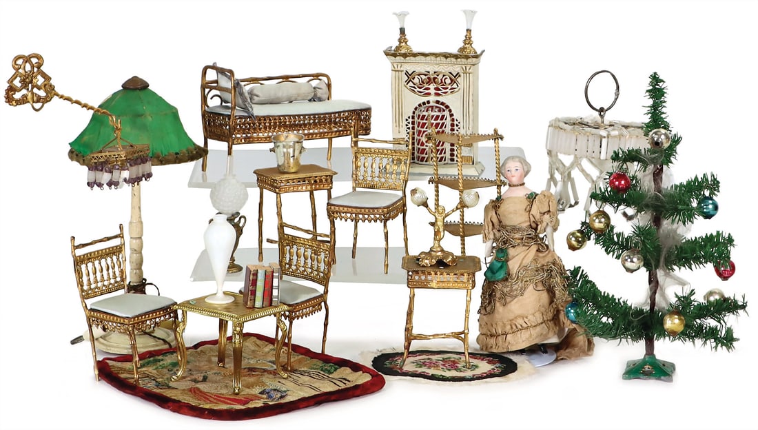 ERHARDT & SONS sheet brass, gilt, doll's house furniture, chairs, h: 10 cm, recamière, 14 cm, (1 of 1)