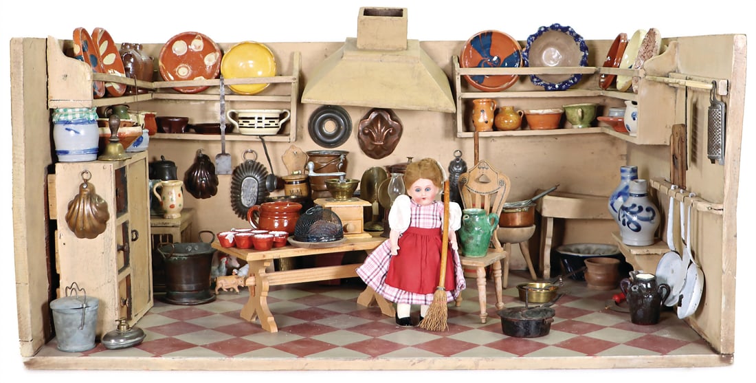 Doll's House Smoke Chimney Kitchen, c. 1860, w: 75 cm, d: 49 cm, h: 35 cm, fixed shelves, some need: Doll's House Smoke Chimney Kitchen, c. 1860, w: 75 cm, d: 49 cm, h: 35 cm, fixed shelves, some need to be refixed, copper, sheet metal and ceramic parts, chimney included loose, painted, provenance: "