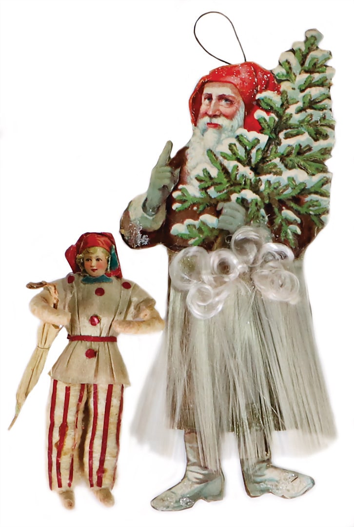 2 pieces, Christmas decoration, absorbent cotton figure with crepe clothes and umbrella, wafer face, (1 of 1)