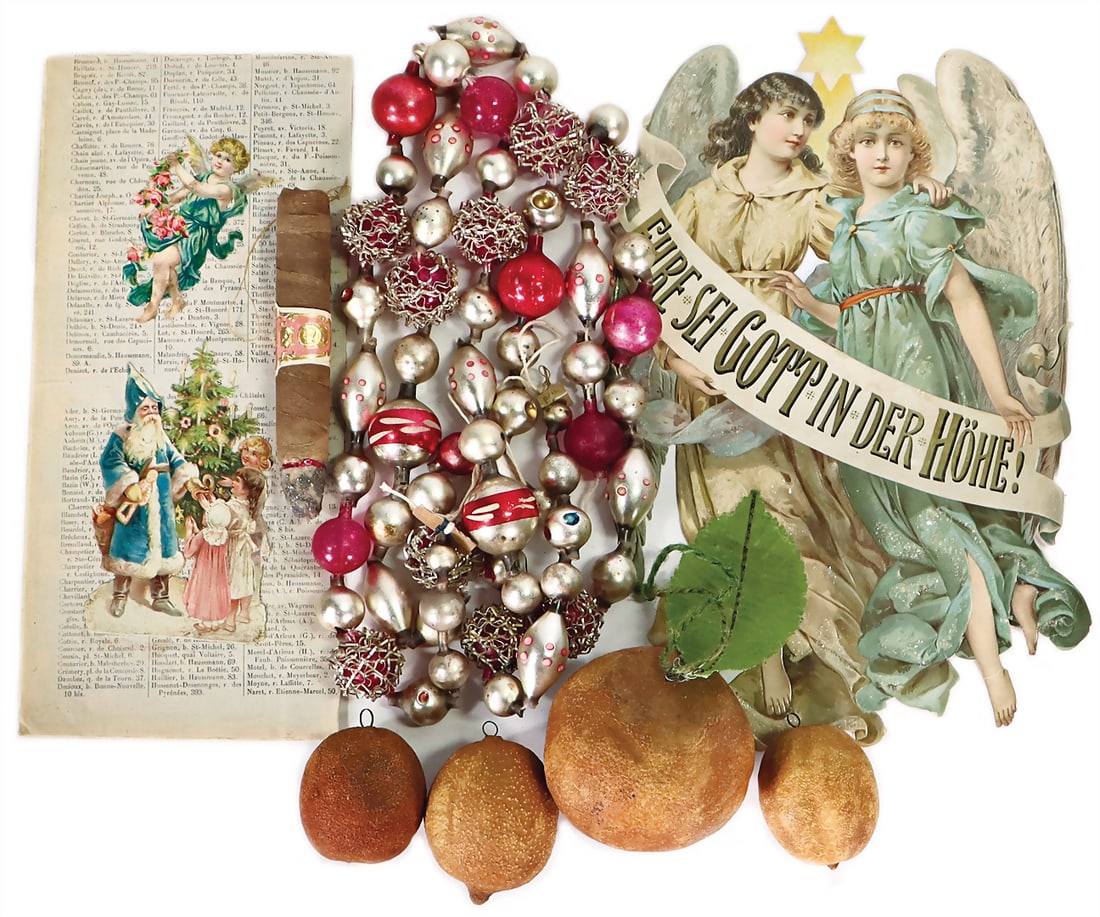 Christmas tree decoration, cigar, absorbent cotton, 13.5 cm, wafer picture, angel scene, 2 small (1 of 1)