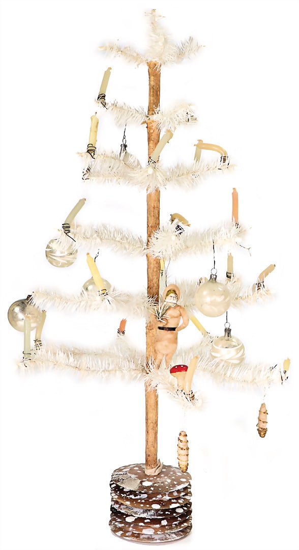 Feather tree, h: 63 cm, decorated with candles, glass balls and 1 absorbent cotton figure German (1 of 1)