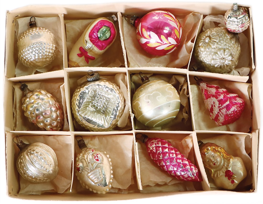 Christmas tree decorations, glass, 12 pieces, baubles, reflector ball, ball with fruit basket, angel (1 of 1)