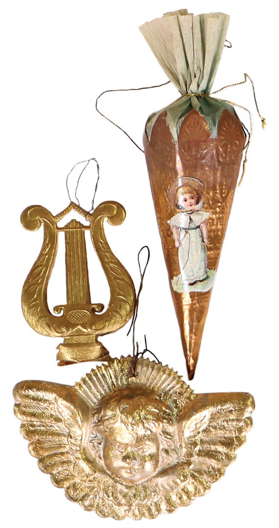 3 pieces, Christmas tree decoration, DRESDNER PAPPE, small harp, h: 5 cm, angel face, 1 school cone (1 of 1)