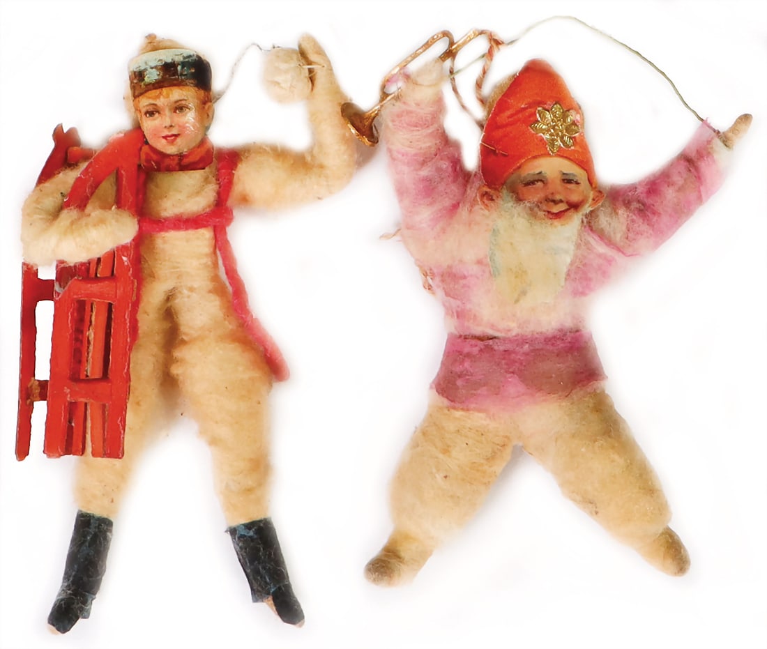 Christmas tree decoration, 2 pieces, absorbent cotton, child with sleigh, 11 cm, gnome with fanfare, (1 of 1)