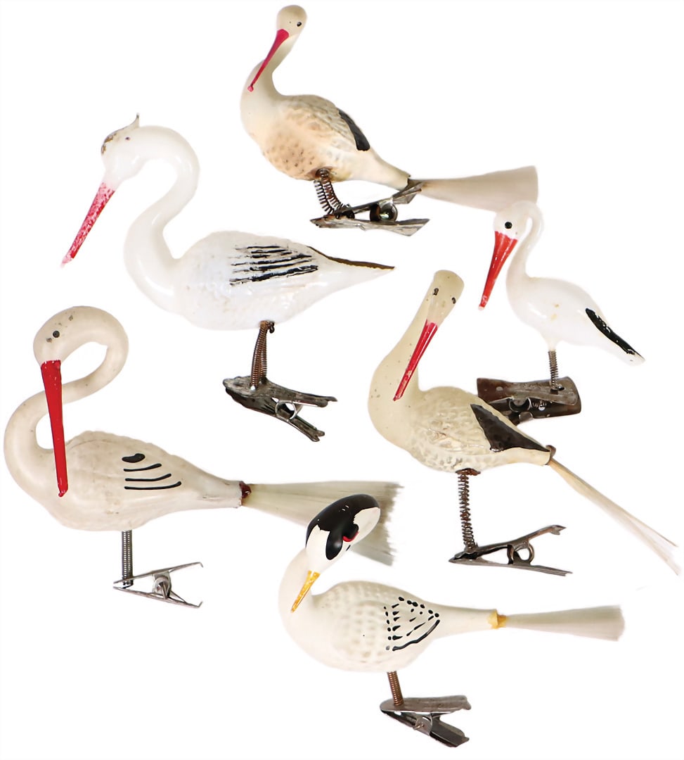 Mixed Christmas tree decorations, frosted glass, 7 pieces, storks, with clip, 6.5-9 cm German (1 of 1)