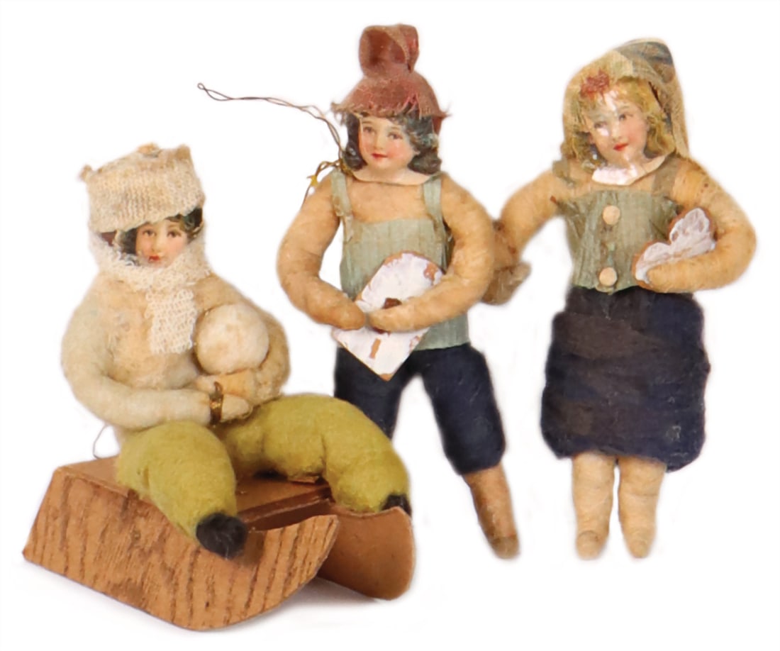 Christmas tree decorations, absorbent cotton, children, Hansel and Gretel, cardboard sleigh, crepe: Christmas tree decorations, absorbent cotton, children, Hansel and Gretel, cardboard sleigh, crepe clothes, wafer faces, h: 7-9 cm German Description Christbaumschmuck, Watte, Kinder, Hänsel u. G