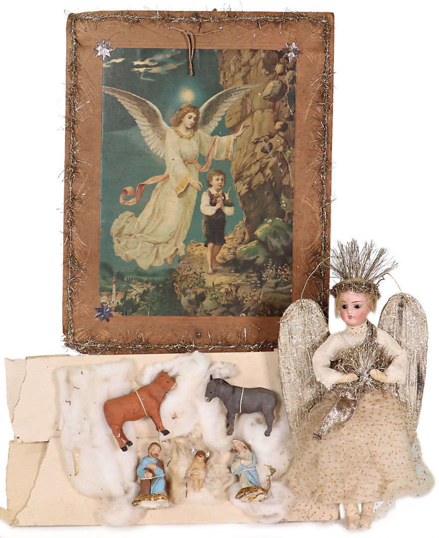 Mixed lot, angel picture, wafer hanger, with leonic wires, 32 cm x 25 cm, 1 x angel with porcelain (1 of 1)