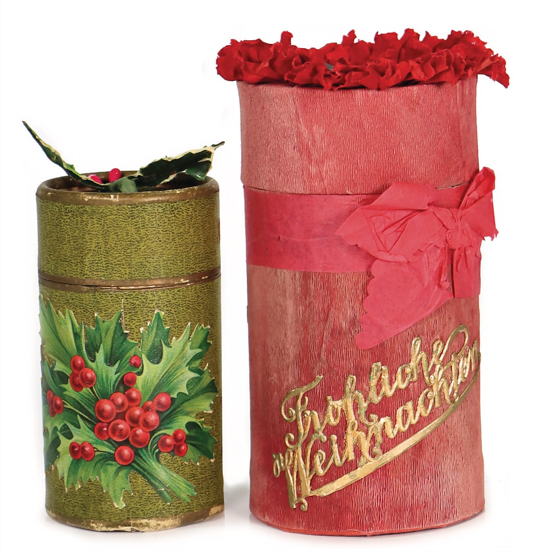 2 x candy container, Jacquemin Fréres, Besancon, wafer pictures, "Merry Christmas" and "Krampus (1 of 2)