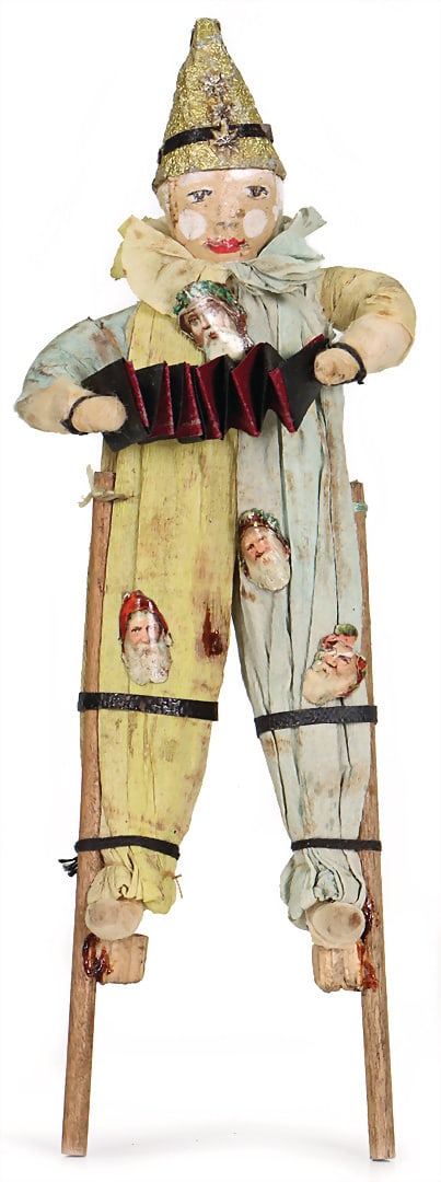 Christmas tree decoration, absorbent cotton clown on stilts, with accordion, wafer face, 19 cm, (1 of 2)