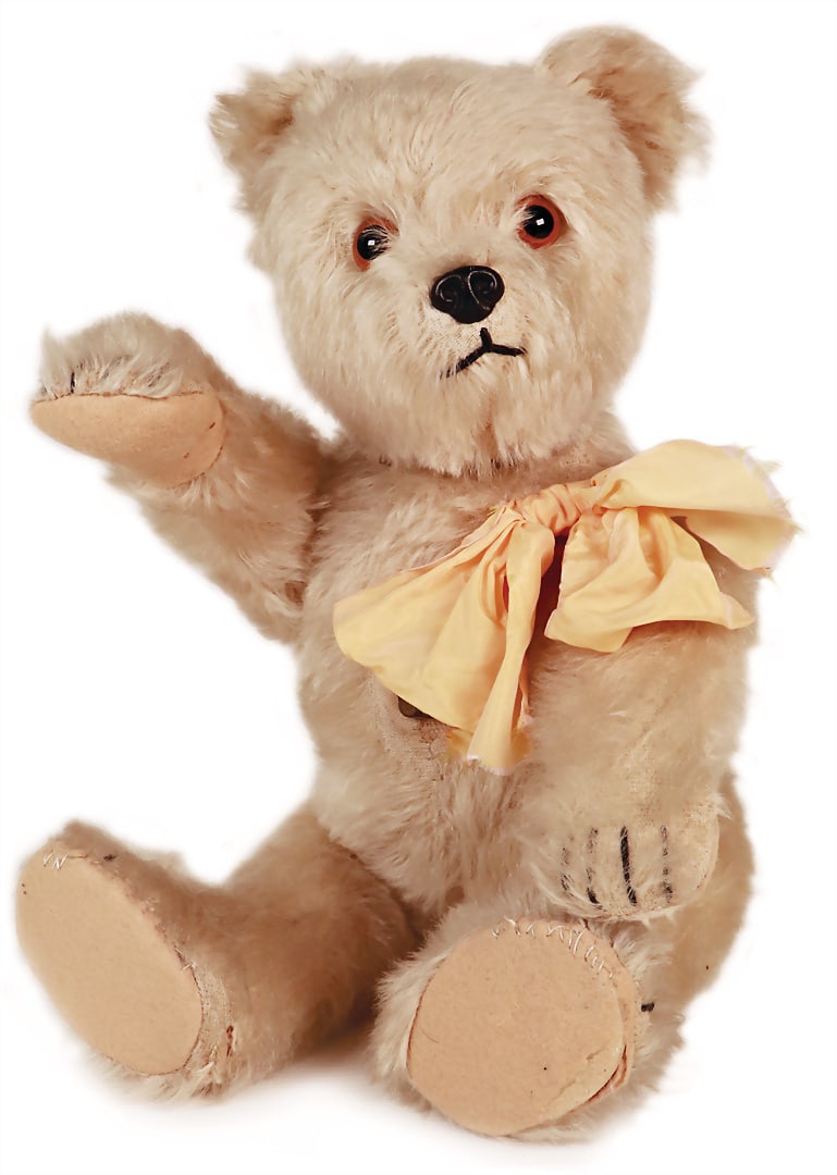 SCHUCO Yes/No bear, 40 cm, plastic snout, felt on the legs slightly torn, belly, mohair loss, music (1 of 3)