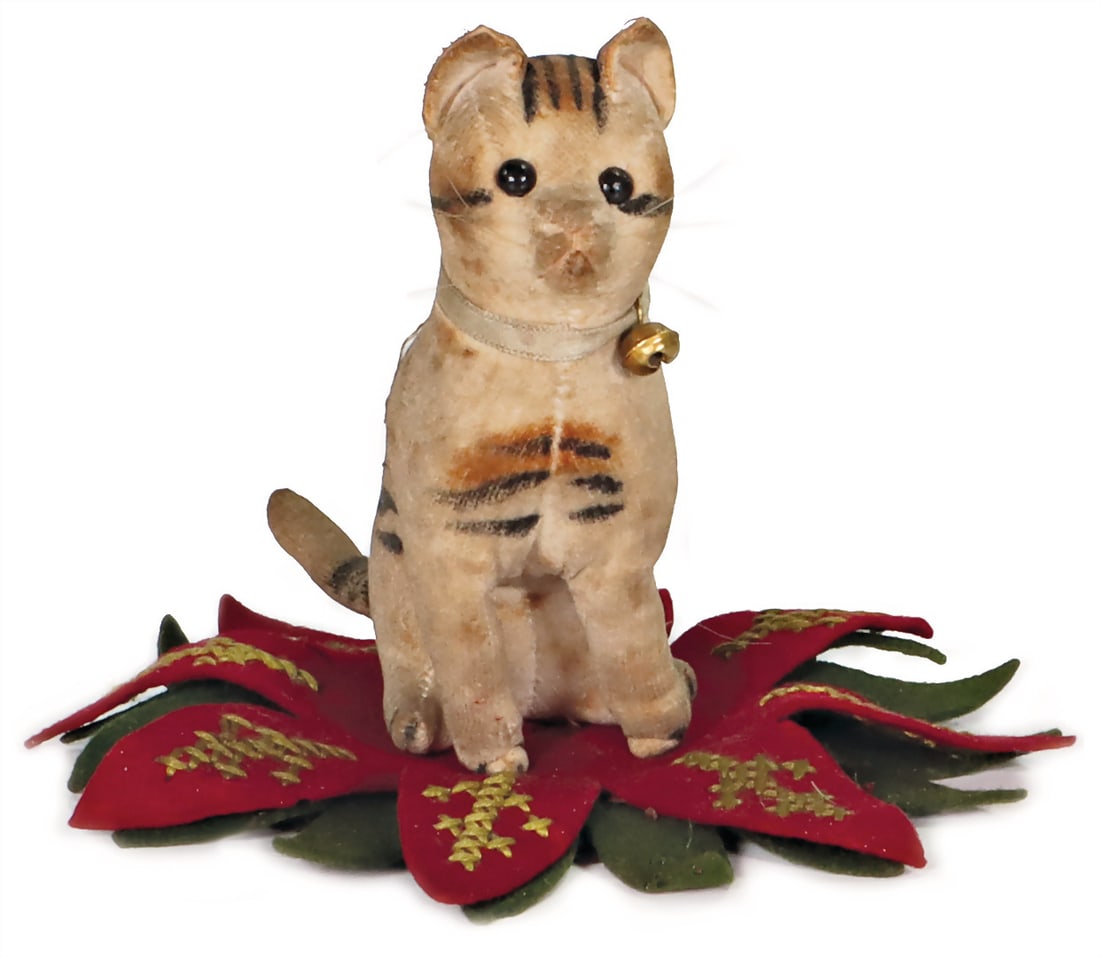 STEIFF Velvet cat, made: ca. 1900, on floral ink wiper, without button, velvet somewhat dusty, with (1 of 3)