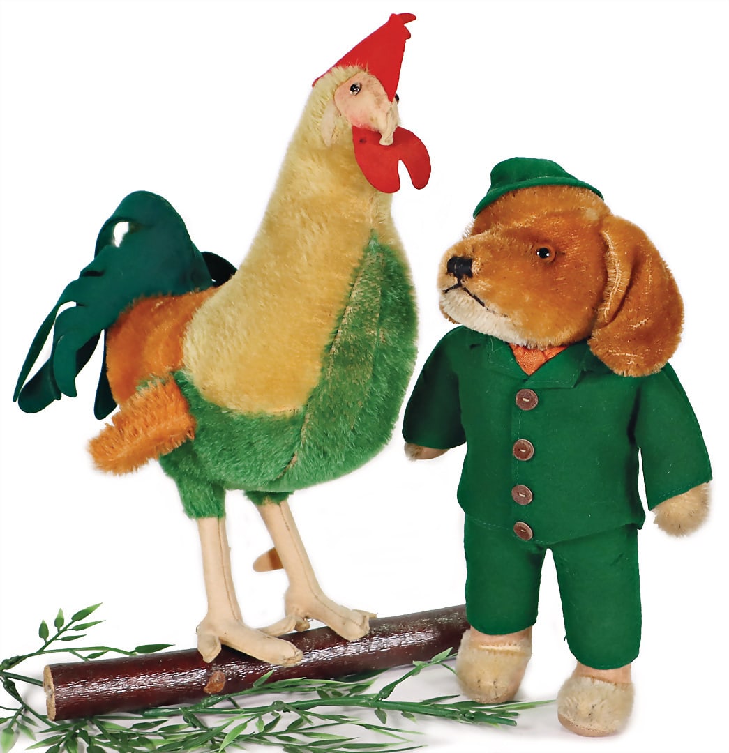 STEIFF 2 pieces, 1 x rooster, produced 1930-1941, h: 28 cm, mohair plush, feathers, felt, rooster (1 of 3)