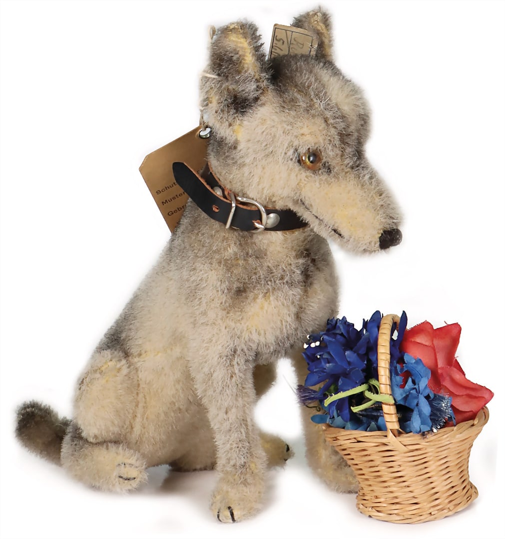 third-party product from the STEIFF archive, 1930s, dog, sitting, artificial plush, glass eyes, (1 of 5)