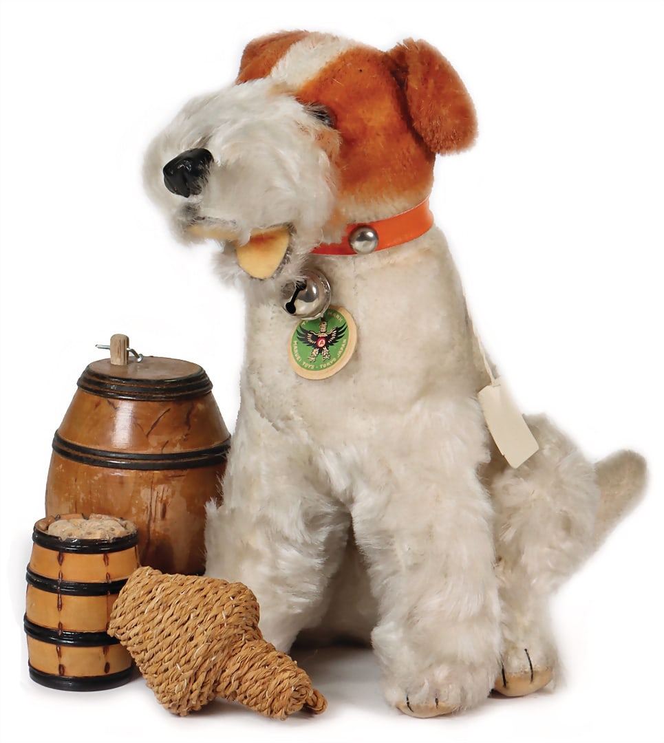 foreign product from the STEIFF archive, dog, Japan, c. 1940, sitting height 20 cm, with sign,: foreign product from the STEIFF archive, dog, Japan, c. 1940, sitting height 20 cm, with sign, original collar, with bell, artificial plush, very good condition. German Description Fremdprodukt aus de