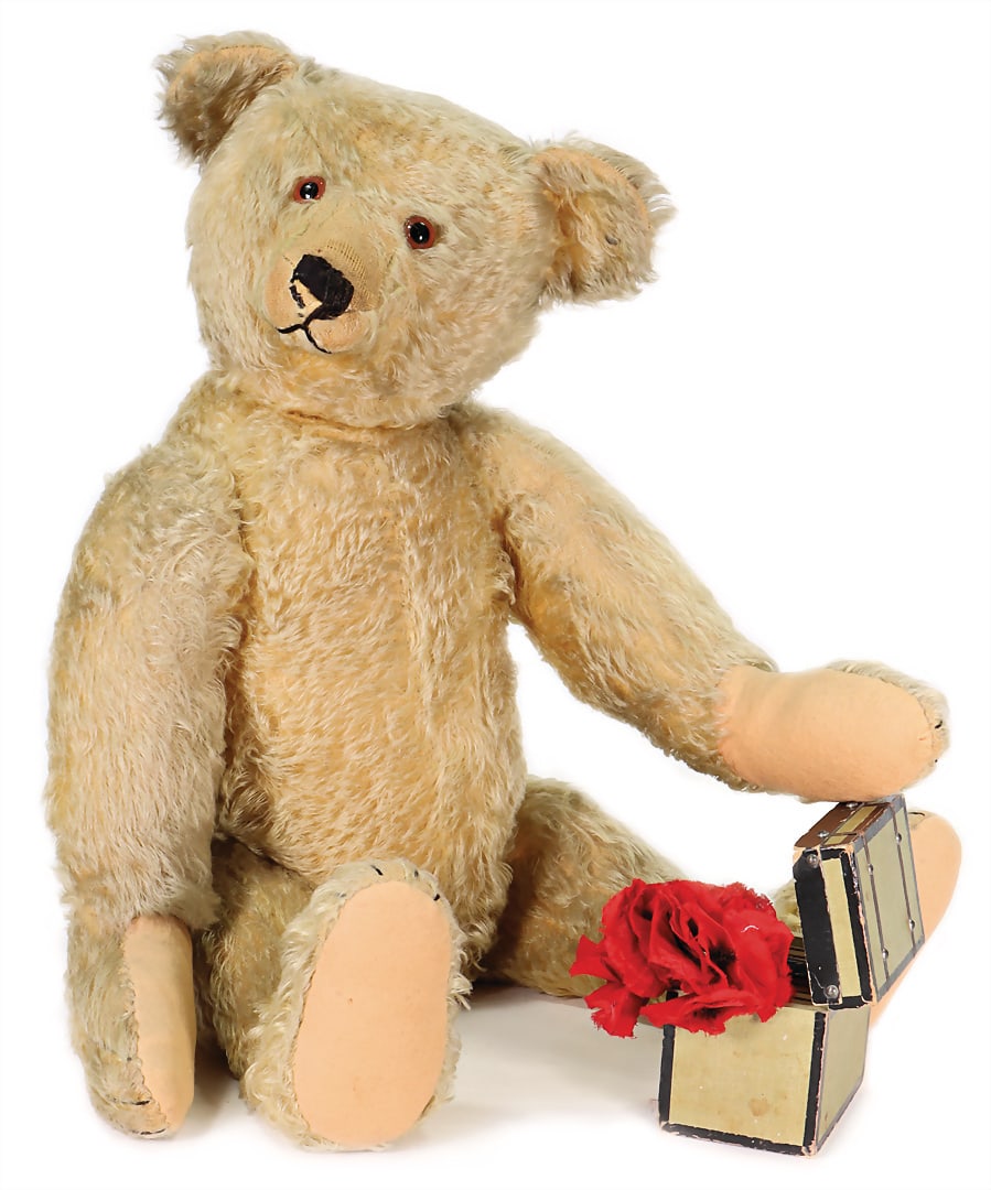 STEIFF teddy bear, c. 1930, with button, long f, glass eyes, dark nose embroidery, long bent arms, (1 of 3)