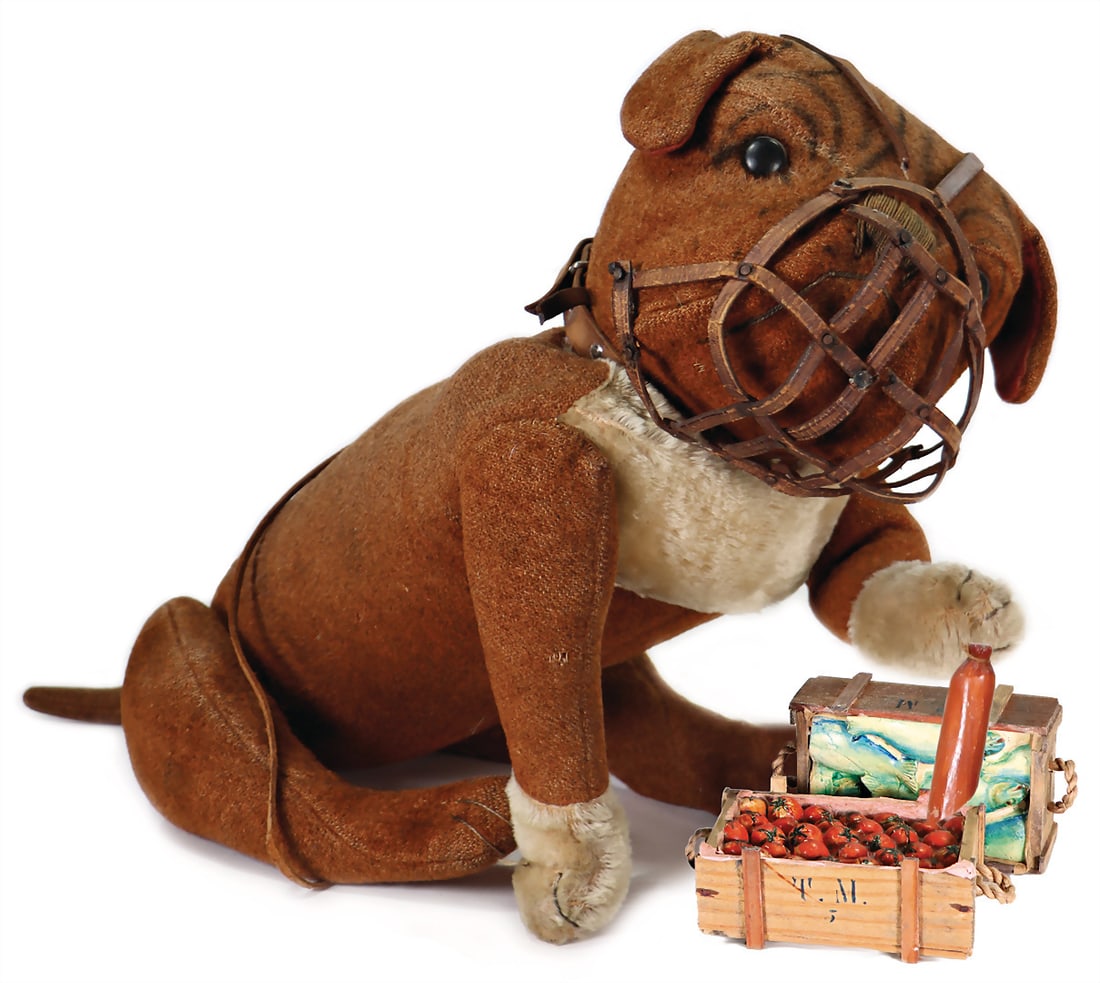 STEIFF bulldog, made 1906-1908, with recorded muzzle, large shoebutton eyes, short plush, jointed, (1 of 4)