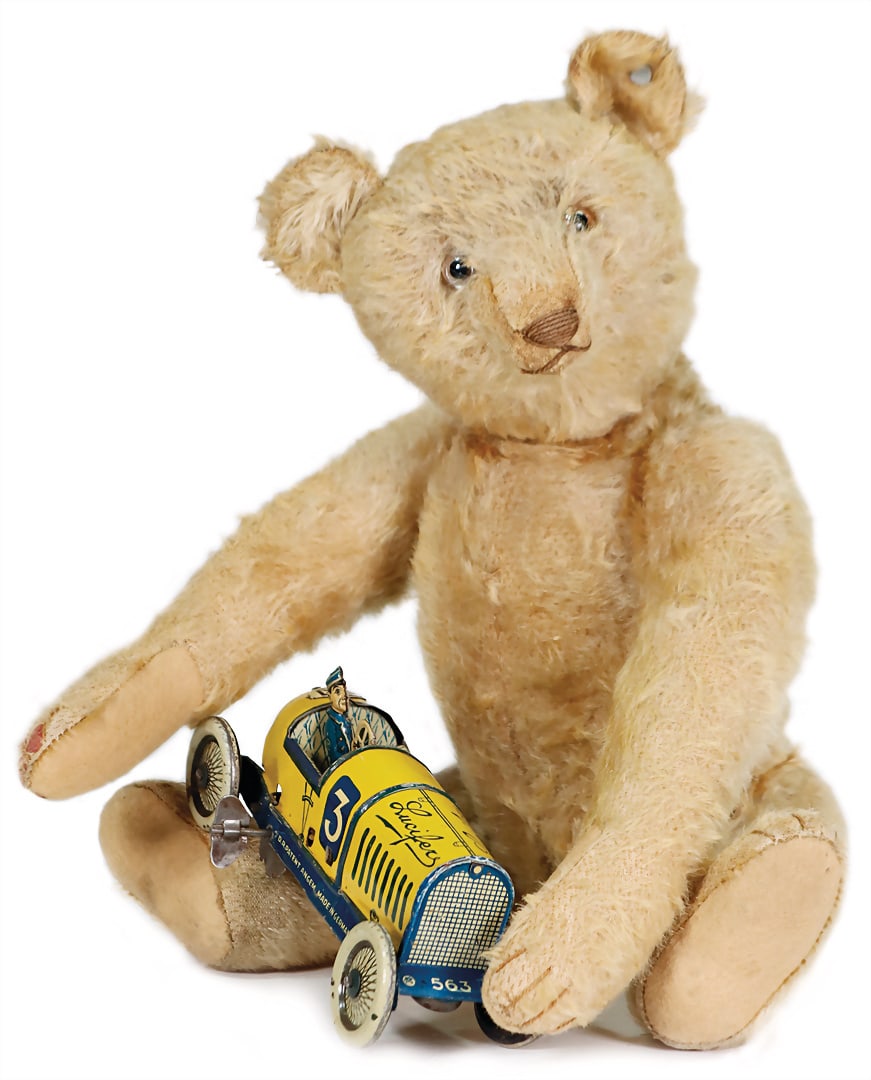 STEIFF bear, c. 1947, golden/yellow short mohair, stronger worn, with bare button, pressure marks at (1 of 7)