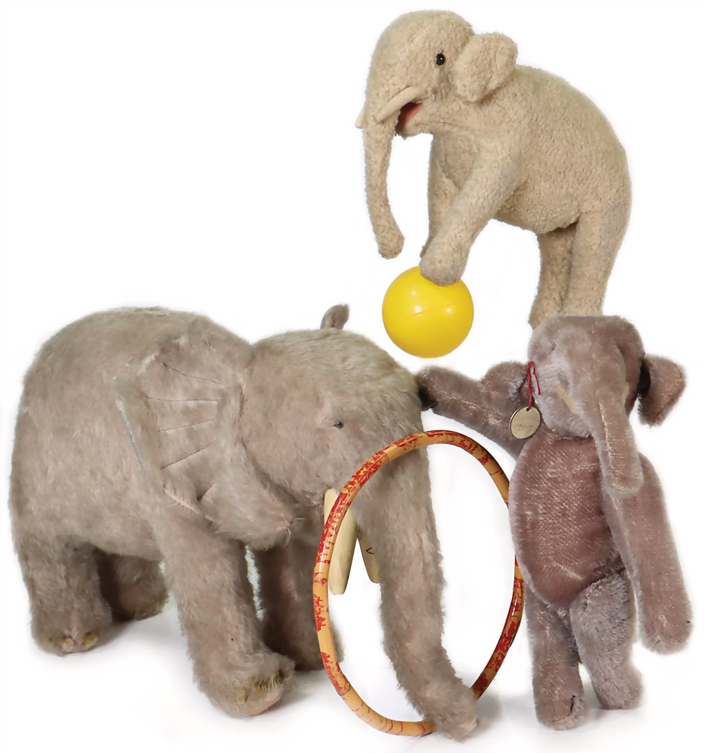 third-party product from the STEIFF archive, elephant, artificial plush, small glass eyes, h: 24 cm, (1 of 2)
