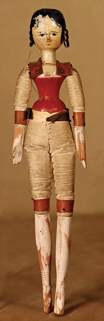 GRÖDNERTAL early doll, 24 cm, wooden head with torso, leather body, wooden arms and legs, (1 of 3)
