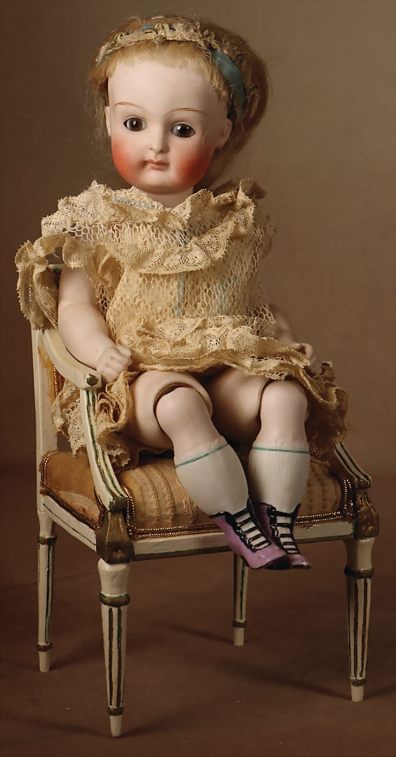 KESTNER early Kestner miniature doll, c. 1880 finely modeled knee-jointed child, swivel head, brown (1 of 3)