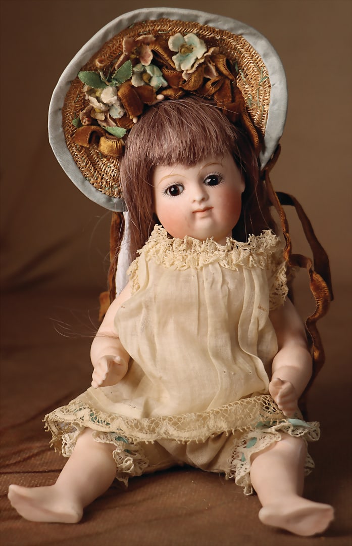 KESTNER Miniature bisque doll, probably Kestner, c. 1890, bisque head, fixed brown glass eyes, (1 of 2)