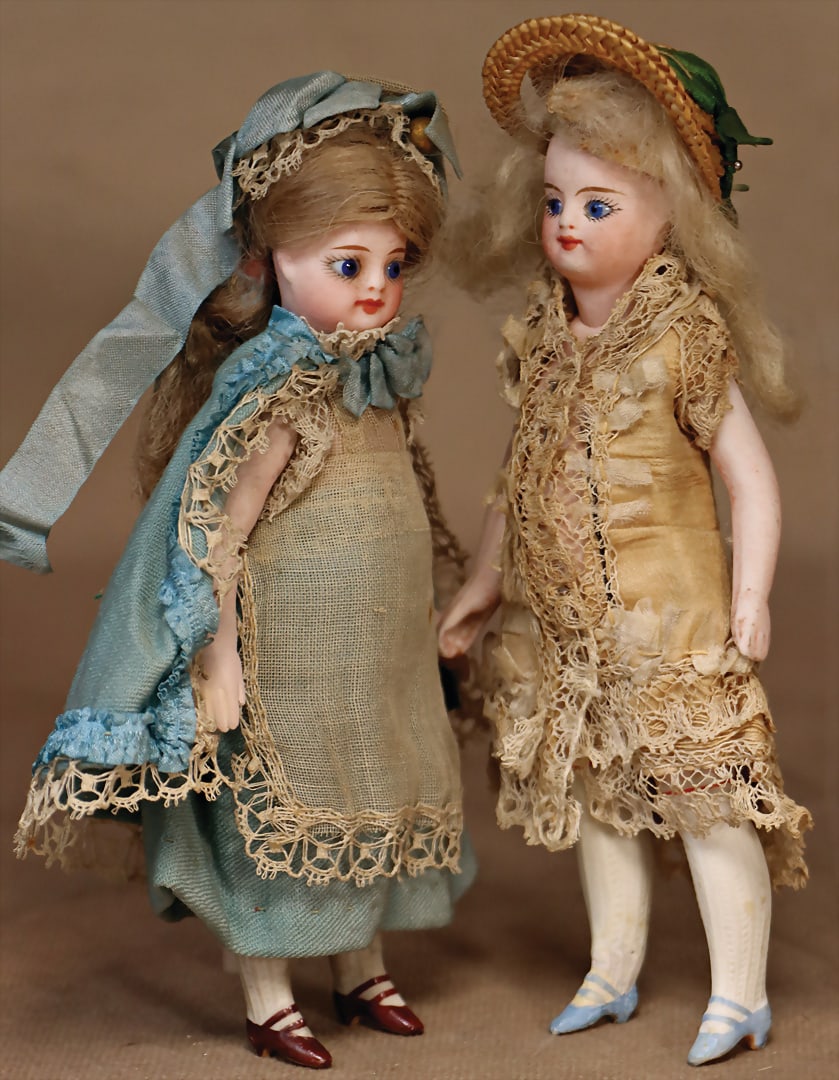 2 x lovely French bisque mignonettes, c. 1800, movable bisque full head, blue fixed glass eyes, (1 of 2)