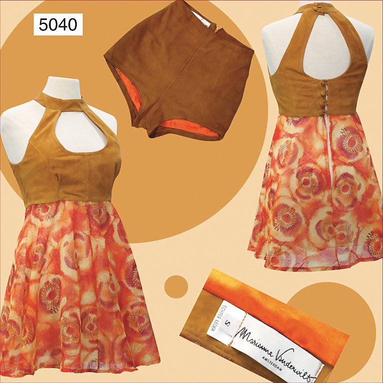Marianne Vandervilt Amsterdam unusual '60s costume: Marianne Vandervilt Amsterdam unusual '60s costume (late '60s / early '70s), leather top with a row of buttons, leather shorts (Hot Pants), upper part with an add transparent skirt, size S, with emble