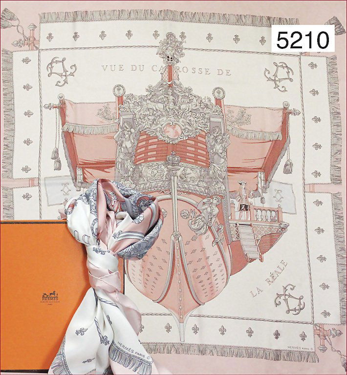 HERMES silk neckerchief, Vue du Carosse de la Reale /: HERMES silk neckerchief, Vue du Carosse de la Reale / La Gale`re, shades of pink, 90x90 cm, art nouveau design, unused, Hermes silk scarf, with original Hermes box, Faubourg Saint Honorée Paris, the