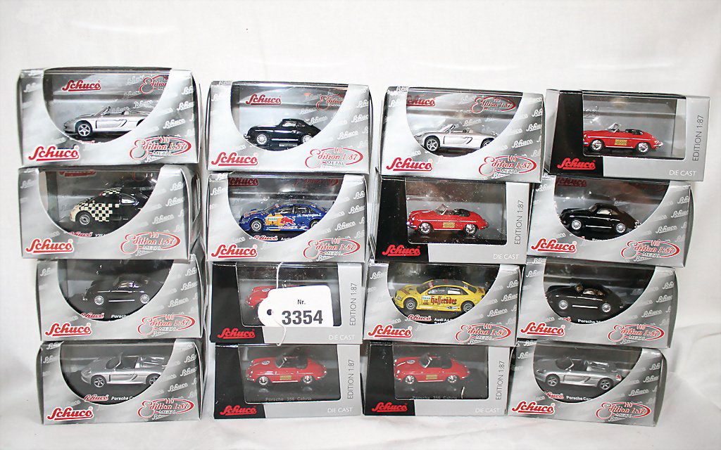 SCHUCO 1:87, 19 Teile, Porsche 356 Cabrio, Porsche Carr: SCHUCO 1:87, 19 Teile, Porsche 356 Cabrio, Porsche Carrera GT, Audi A4 DTM 2004, dazu 3 Teile Chuco Piccolo, Porsche 356 Carrera Abarth GTL, alles neuwertig, Orig.-Karton