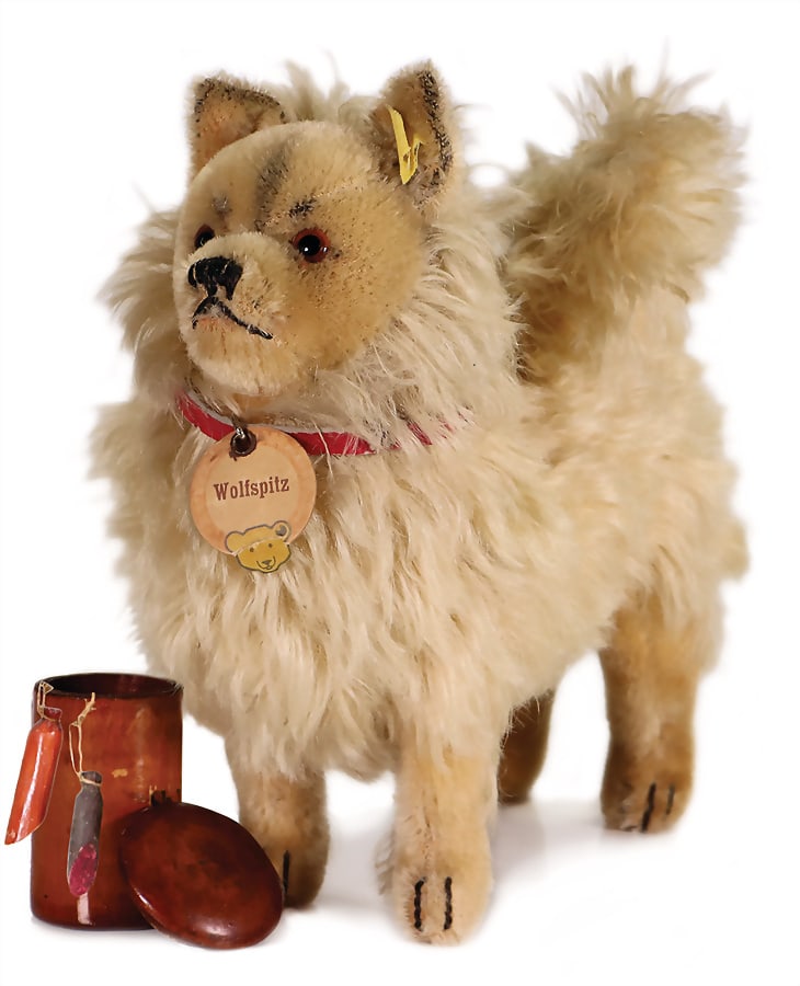 STEIFF wolf spitz, 21 cm, complete, no. on flag not recognizable, elongated F, shield slightly (1 of 5)