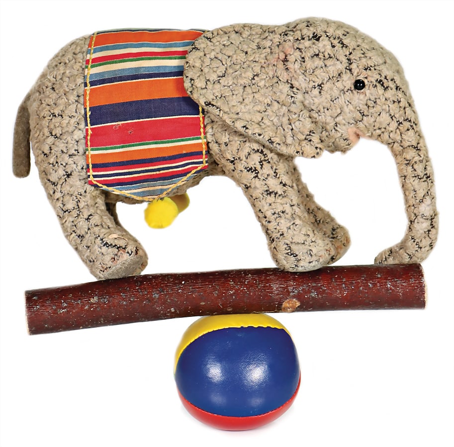 STEIFF play elephant, produced 1934-1936, Krimmer fabric, standing, soft, with colorful cotton (1 of 5)